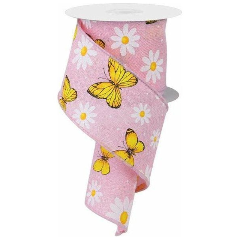 2.5″ Butterfly Daisy on Royal Ribbon: Light Pink (10 Yards)