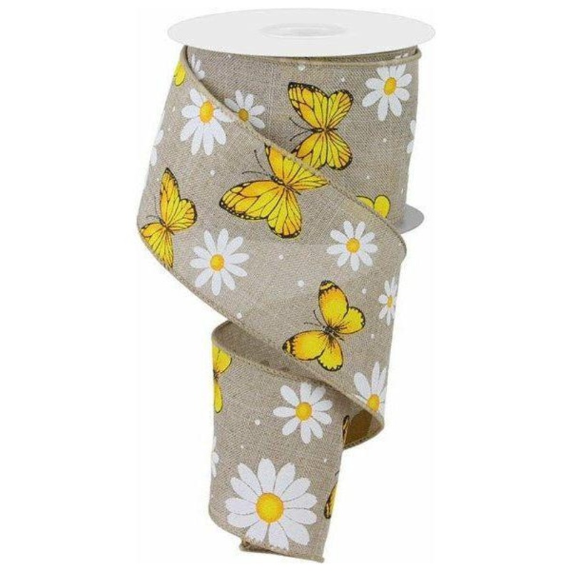 2.5″ Butterfly Daisy on Royal Ribbon: Natural (10 Yards)