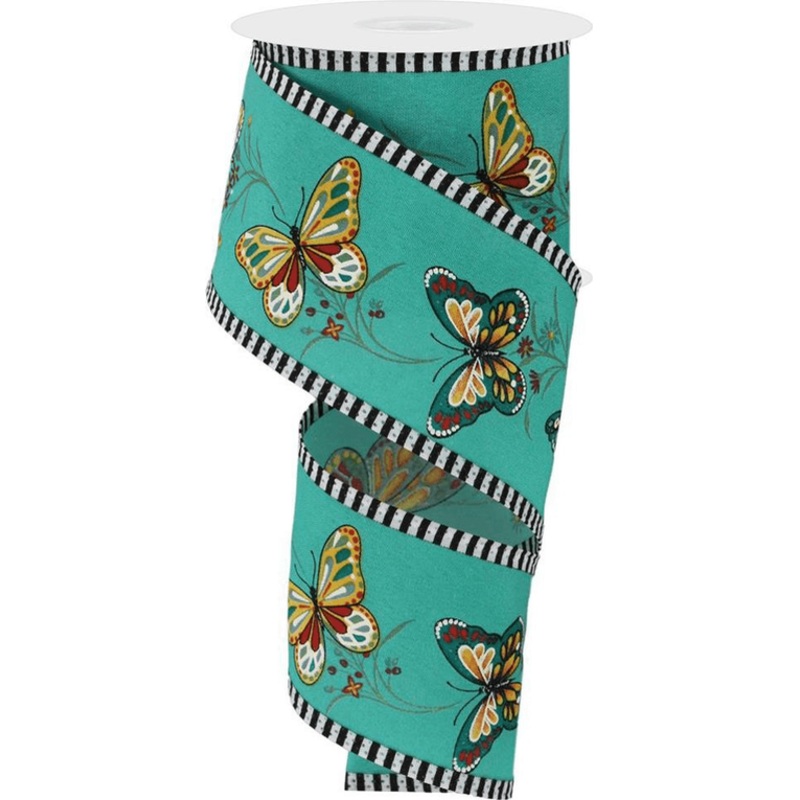 2.5″ Butterfly Stripe Edge Ribbon: Light Teal (10 Yards)