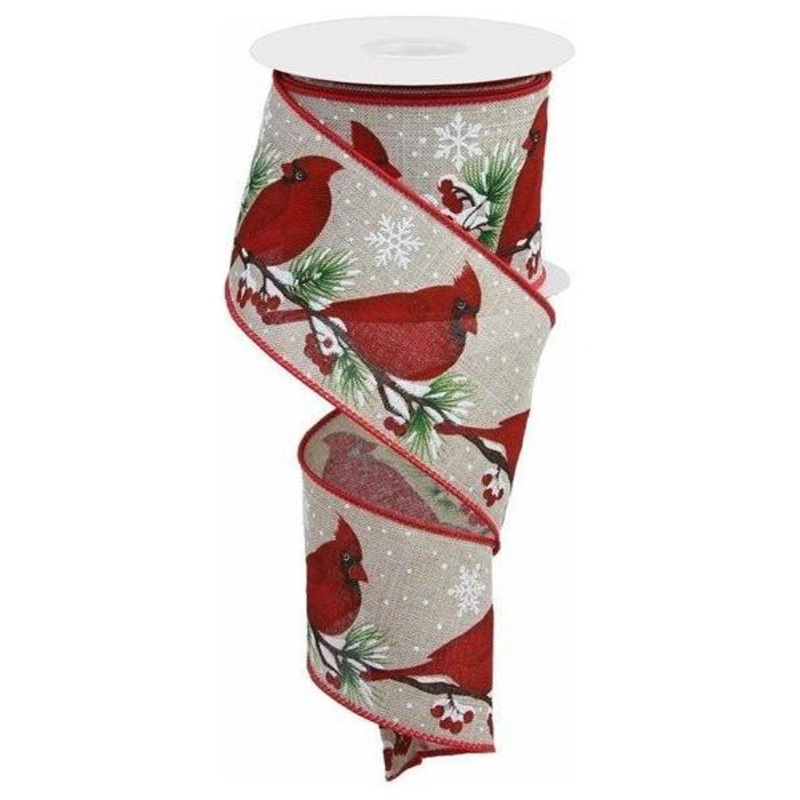 2.5″ Cardinals On Tree Branch Ribbon: Lt Natural (10 Yards)
