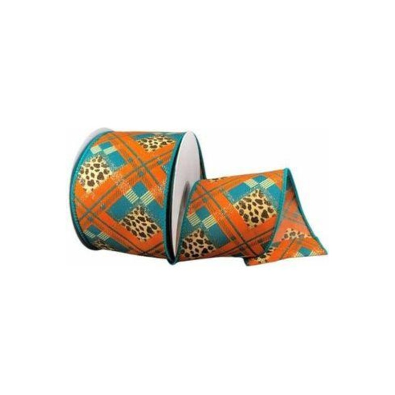 2.5″ Cheetah Argyle Plaid Ribbon: Teal & Orange (10 Yards)