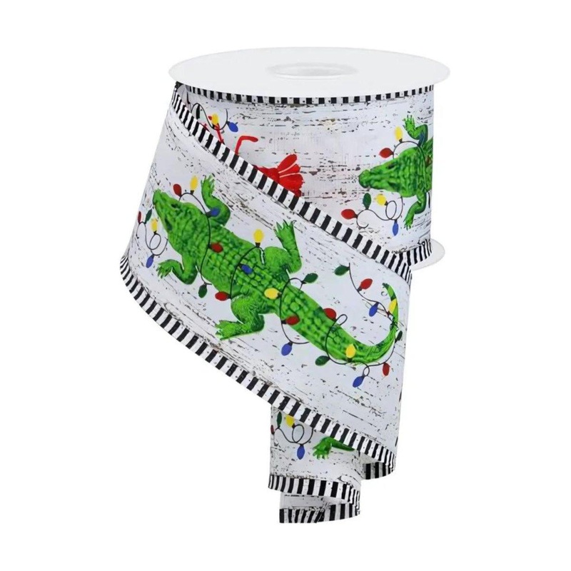 2.5″ Crawfish Alligator Stripe Ribbon: White (10 Yards)