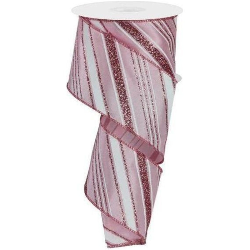 2.5″ Diagonal Line Glitter Ribbon: Pink (10 Yards)