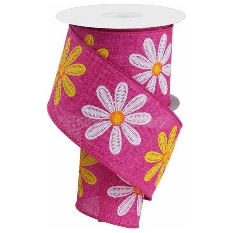 2.5″ Embroidered Daisy Ribbon: Fuchsia (10 Yards)