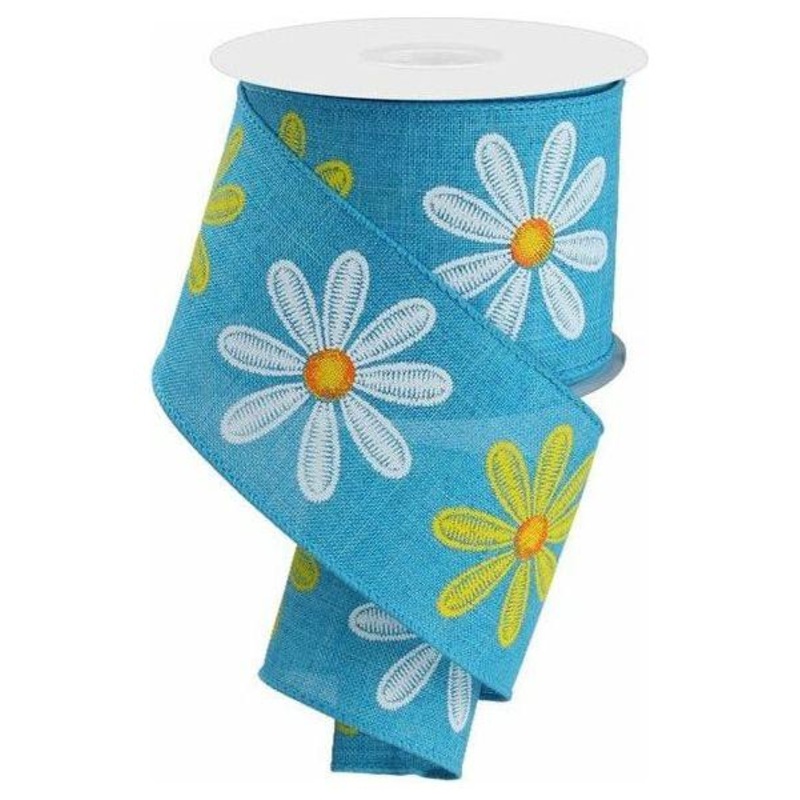 2.5″ Embroidered Daisy Ribbon: Turquoise (10 Yards)
