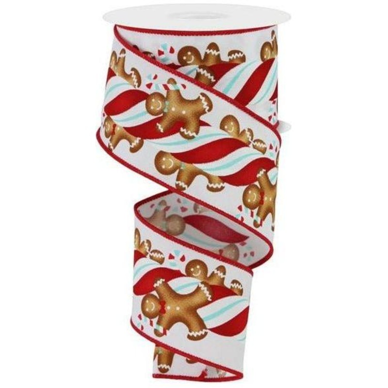 2.5″ Gingerbread Kids Candy Ribbon: White/Ice Blue (10 Yards)