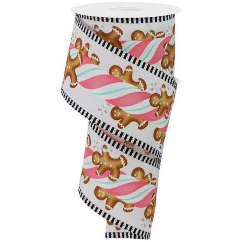2.5″ Gingerbread Kids Stripe Ribbon: White/Pink (10 Yards)