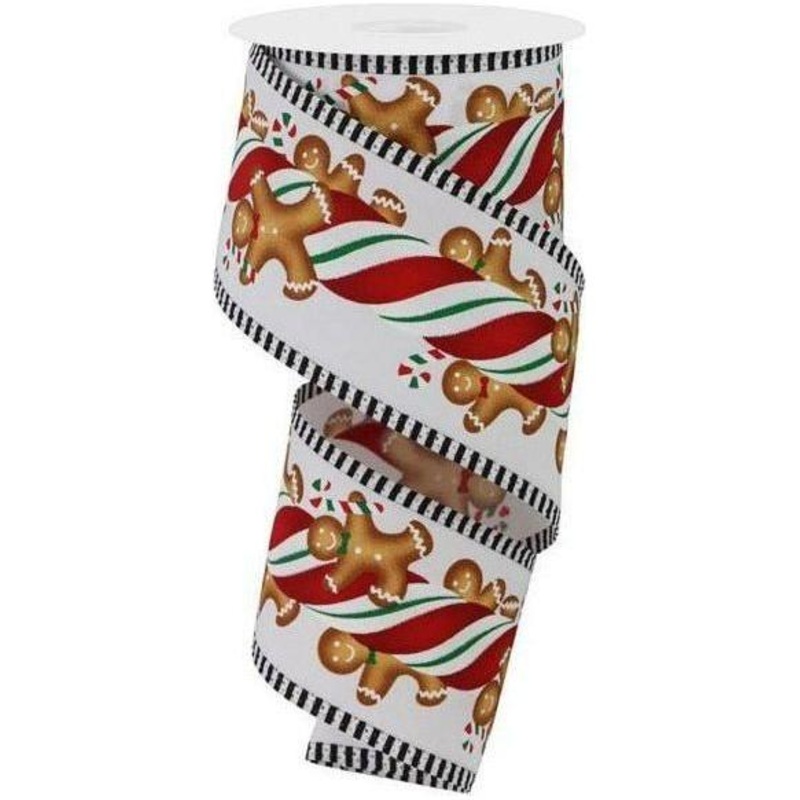 2.5″ Gingerbread Kids Stripe Ribbon: White/Red (10 Yards)