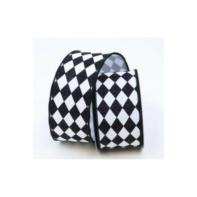 2.5″ Glitter Jester Diamond Ribbon: Black & White (10 Yards)