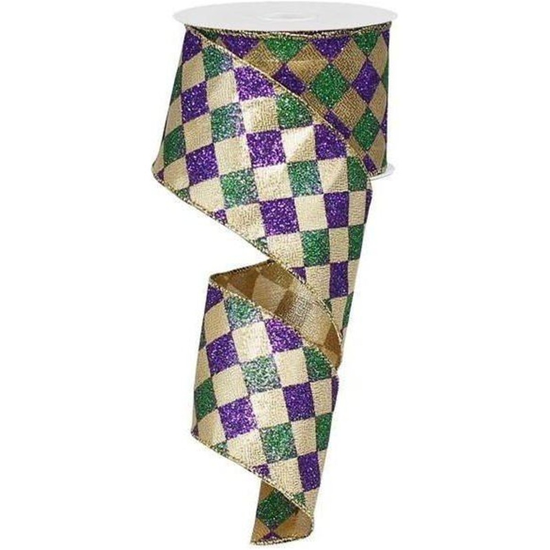 2.5″ Harlequin Glitter Diamond Ribbon: Mardi Gras (10 Yards)