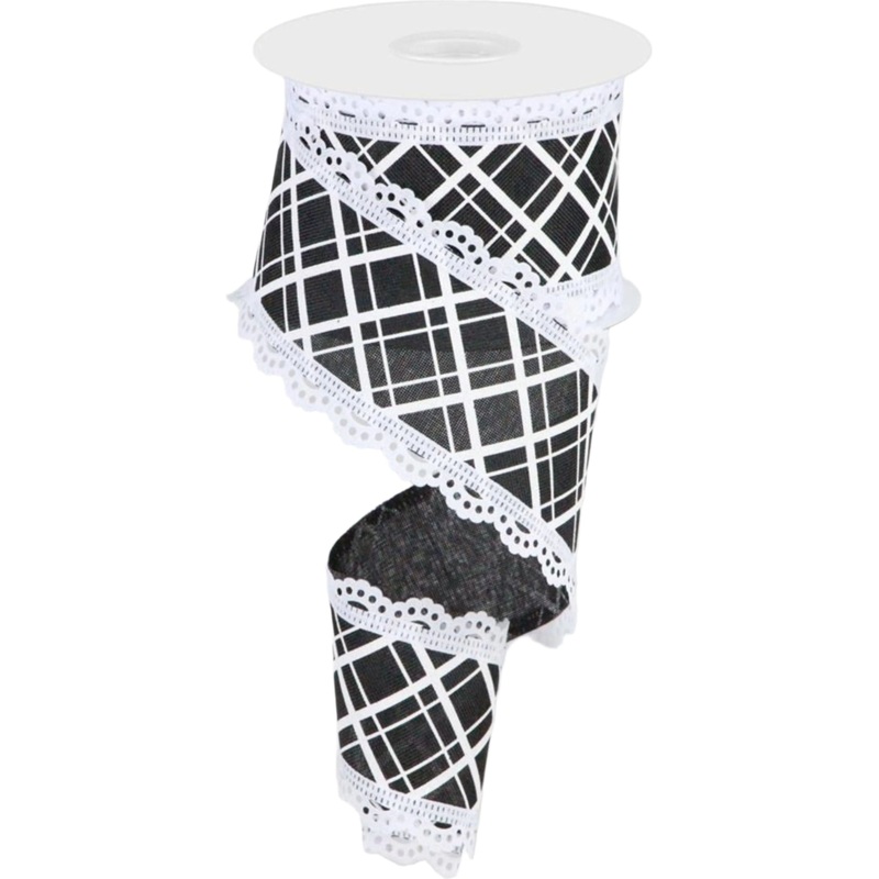 2.5″ Line Check Lace Ribbon: Black/White (10 Yard)