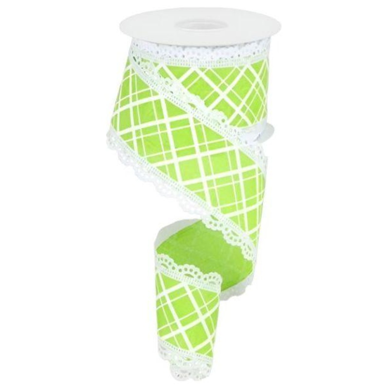 2.5″ Line Check Lace Ribbon: Lime Green (10 Yard)