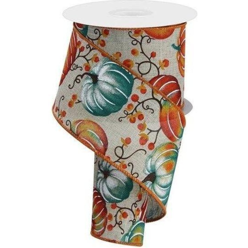 2.5″ Pumpkins Bittersweet Ribbon: Light Natural/Teal (10 Yards)