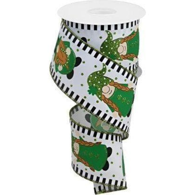 2.5″ Saint Patrick Gnome Stripe Edge Ribbon: White (10 Yards)