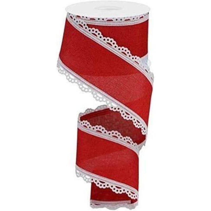 2.5″ Scalloped Edge Ribbon: White/Red (10 Yard)