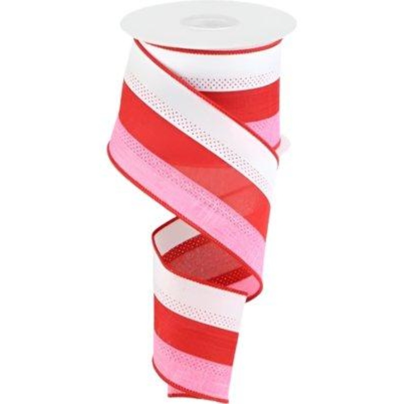 2.5″ Tricolor Striped Ribbon: White, Pink, and Red (10 Yards)