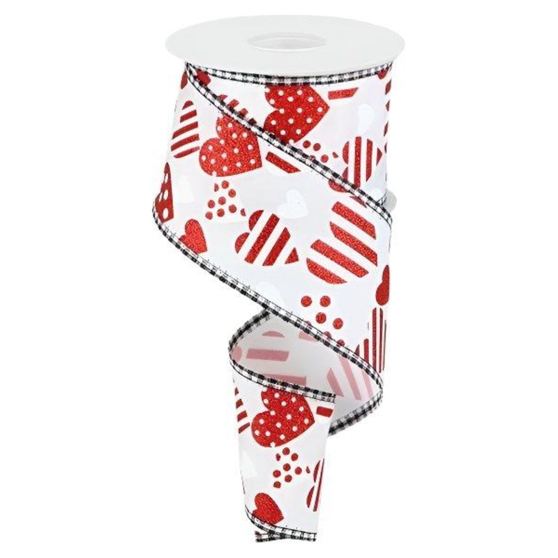2.5″ Valentine Hearts Gingham Ribbon: White (10 Yard)