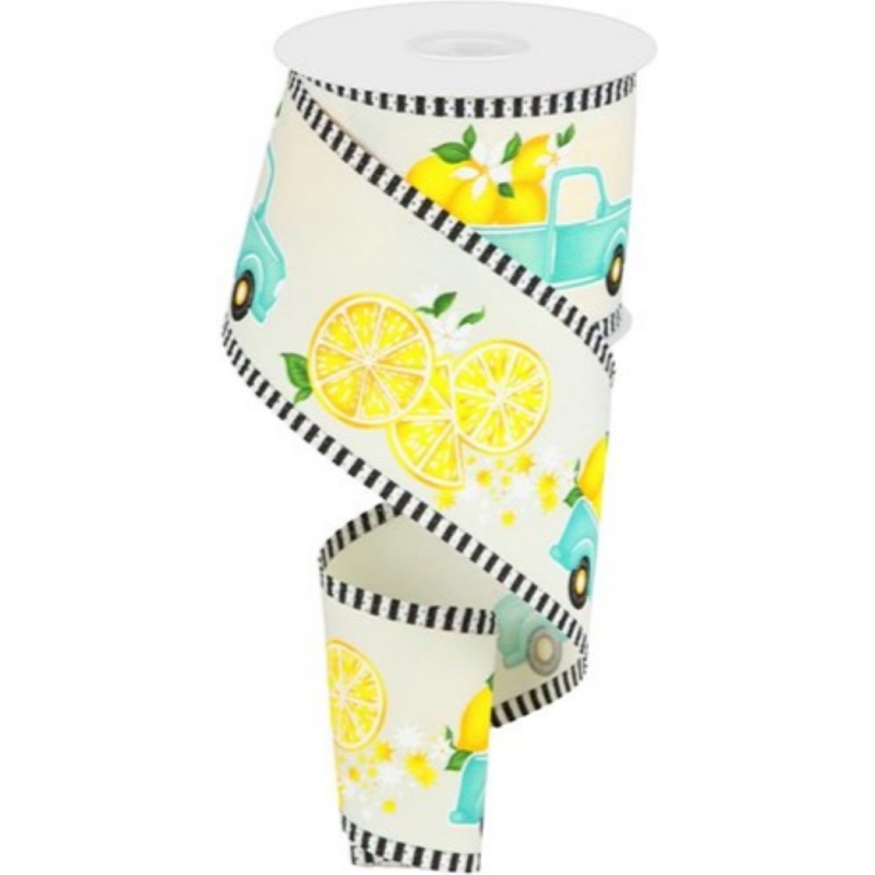 2.75″ Truck with Lemons Stripe Ribbon: Ivory (10 Yards)