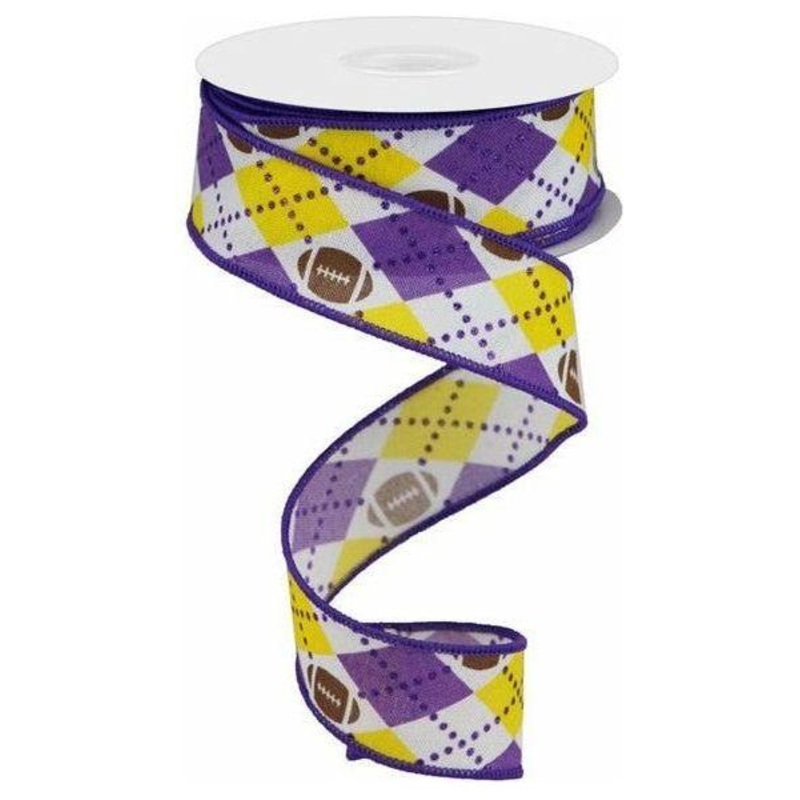 1.5″ Argyle Footballs Ribbon: Yellow & Purple (10 Yards)