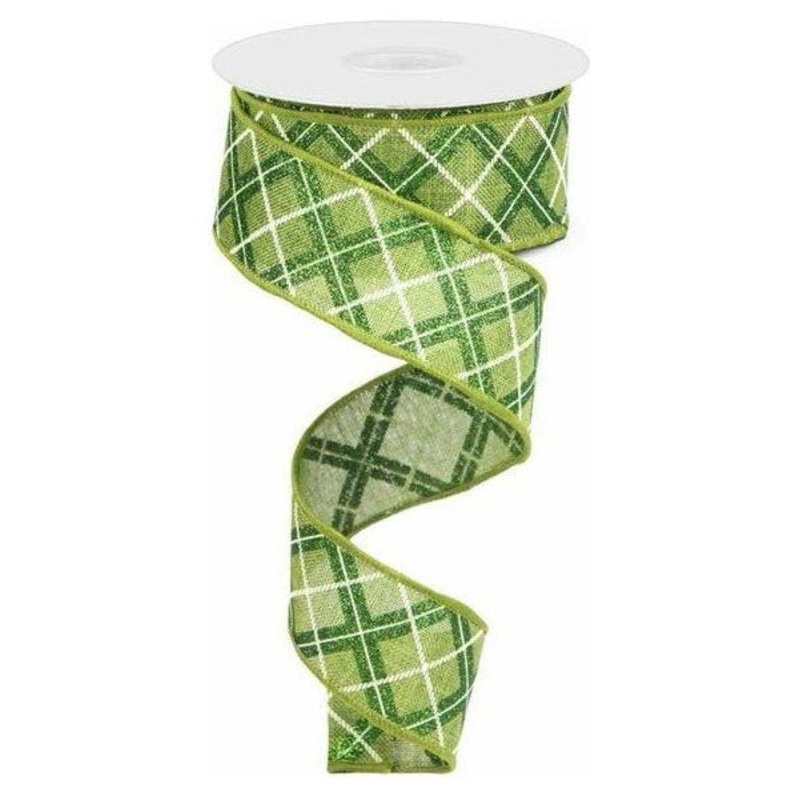 1.5″ Diagonal Glitter Check Ribbon: Moss Green (10 Yards)