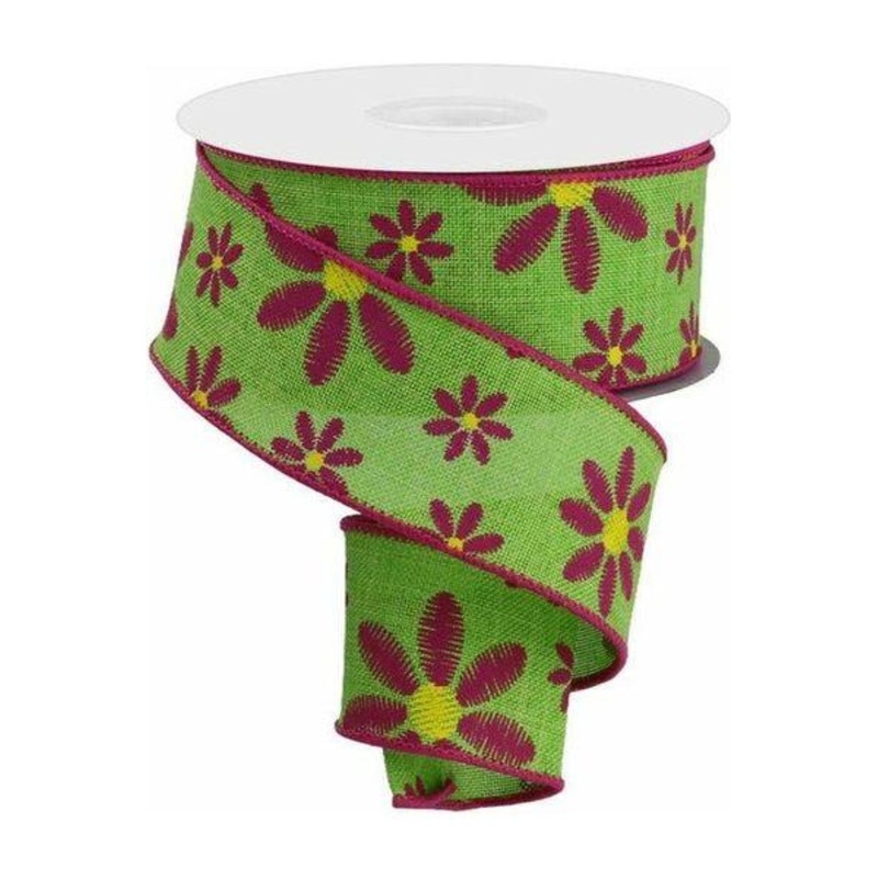 1.5″ Embroidered Daisy Ribbon: Lime Green (10 Yards)