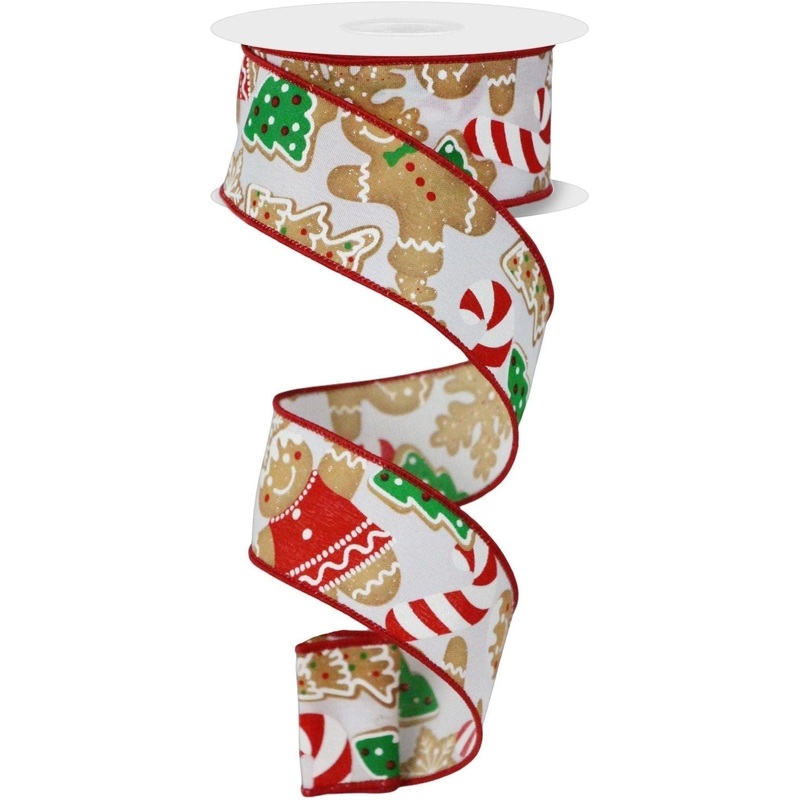 1.5″ Gingerbread Cookies Ribbon: White (10 Yards)