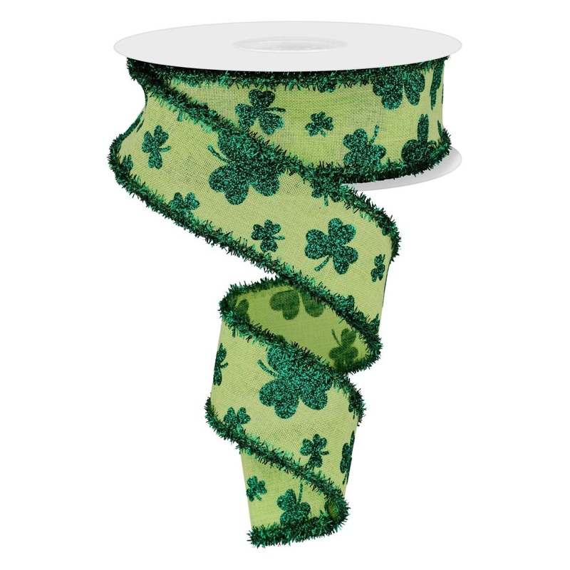 1.5″ Glitter Shamrock Tinsel Ribbon: Bright Green (10 Yards)