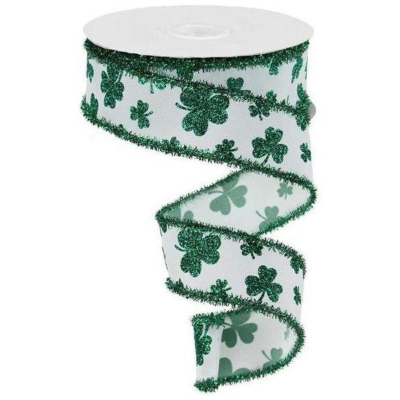 1.5″ Glitter Shamrock Tinsel Ribbon: White (10 Yards)