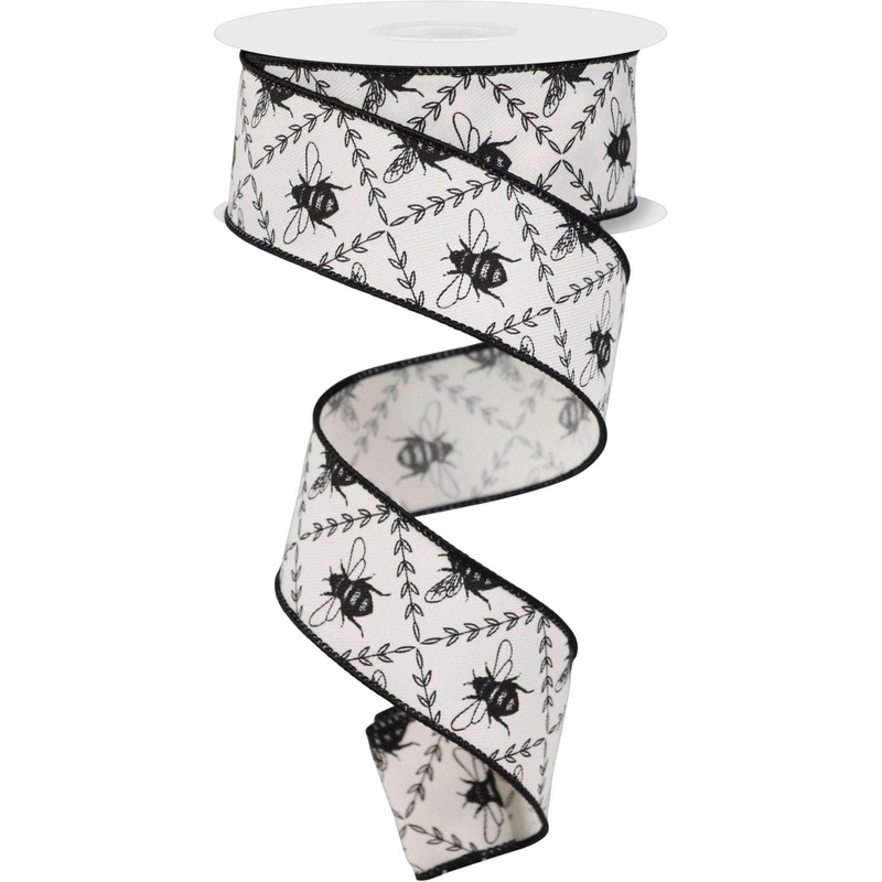 1.5″ Honey Bee Trellis On Diagonal Ribbon Ivory (10 Yards)