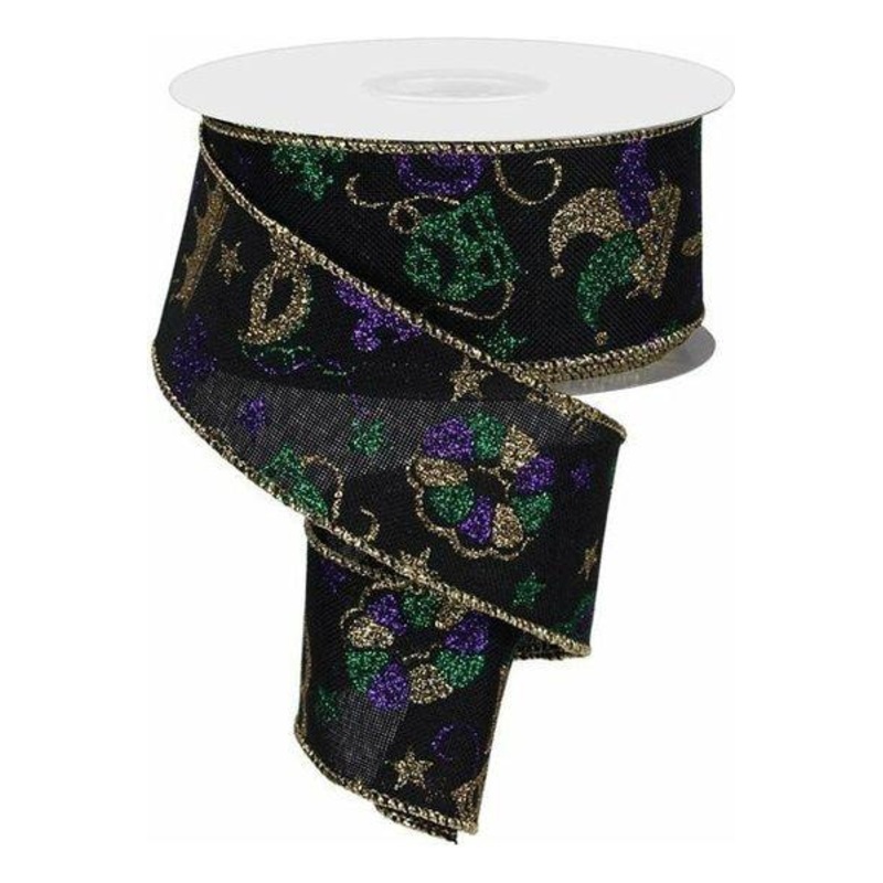 1.5″ Mardi Gras Pattern Ribbon: Black (10 Yards)