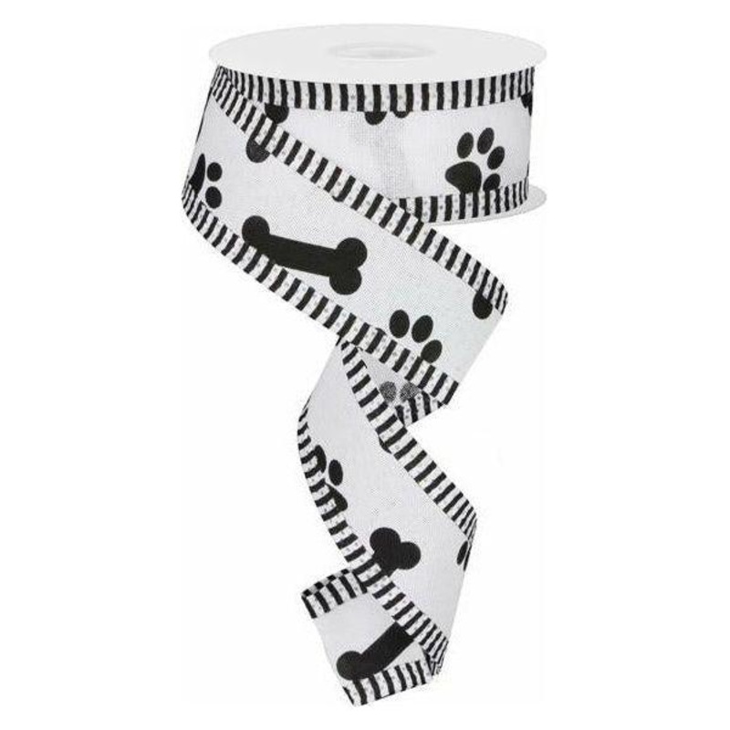 1.5″ Paw Print Thin Stripe Ribbon: White & Black (10 Yards)