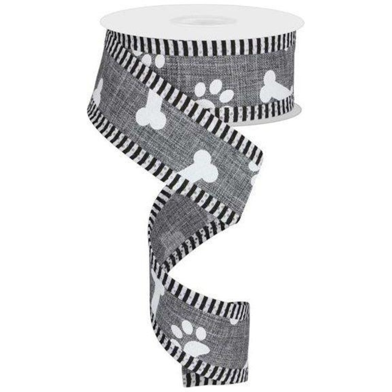 1.5″ Paw Print Thin Stripes Ribbon: Grey (10 Yards)