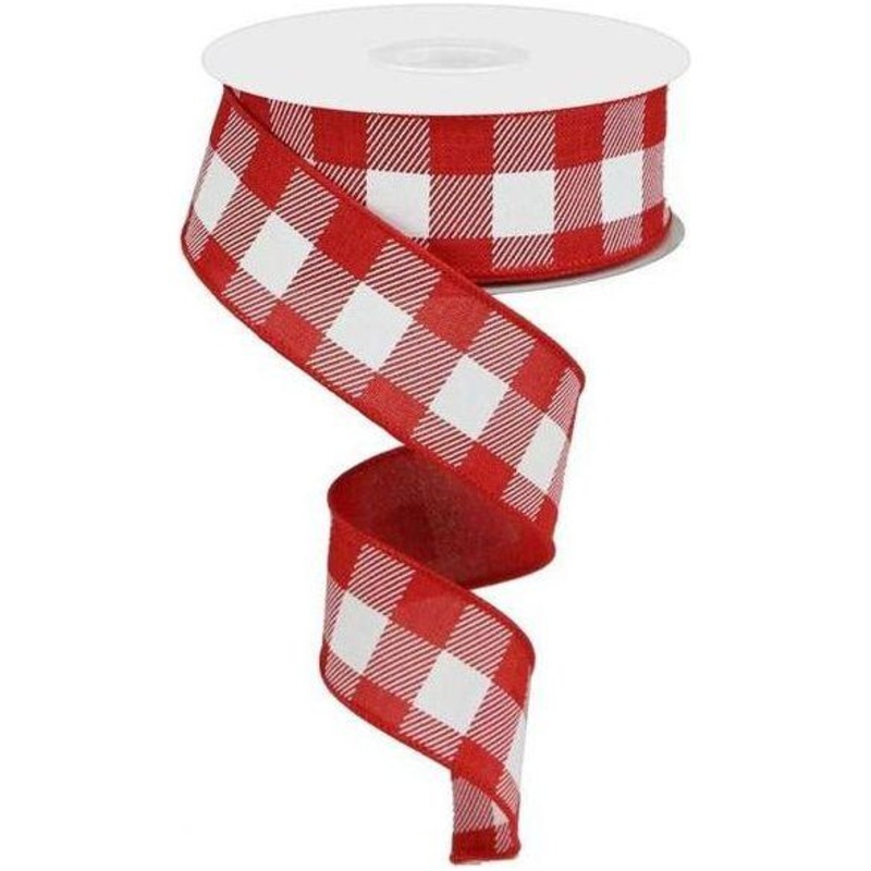 1.5″ Plaid Check Ribbon: Red & White (10 Yards)