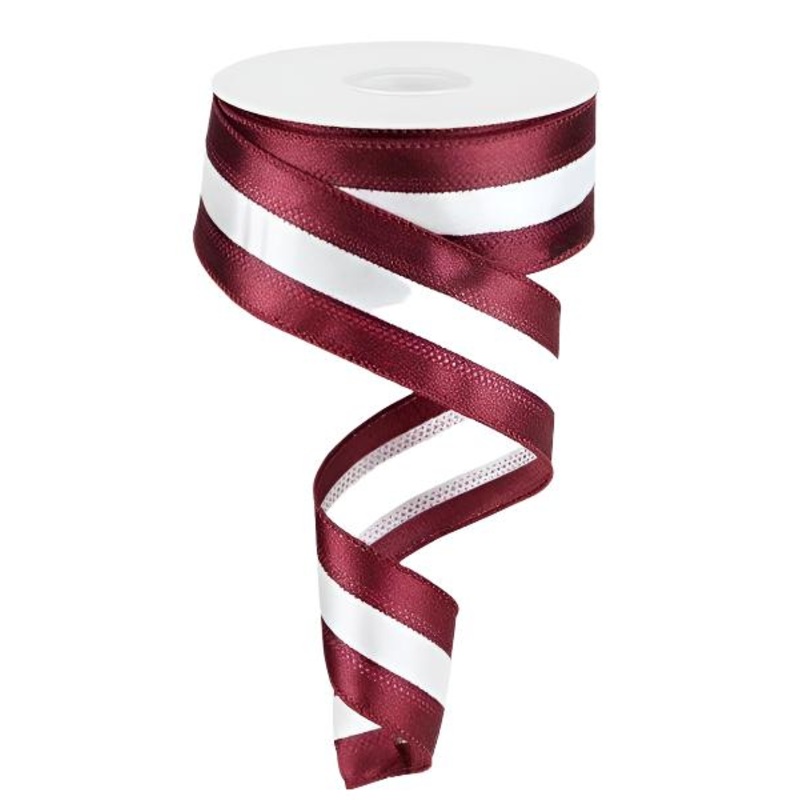1.5″ Satin Team Stripe Ribbon: Maroon & White (10 Yards)