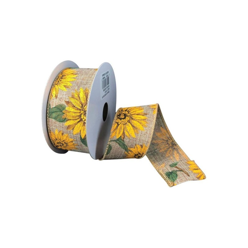 1.5″ Sunflowers Linen Ribbon: Light Natural (10 Yards)