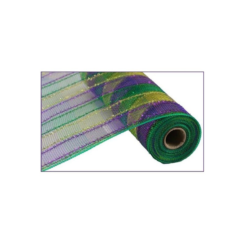 10″ Poly Deco Tinsel Mesh Ribbon: Mardi Gras Check (10 Yards)