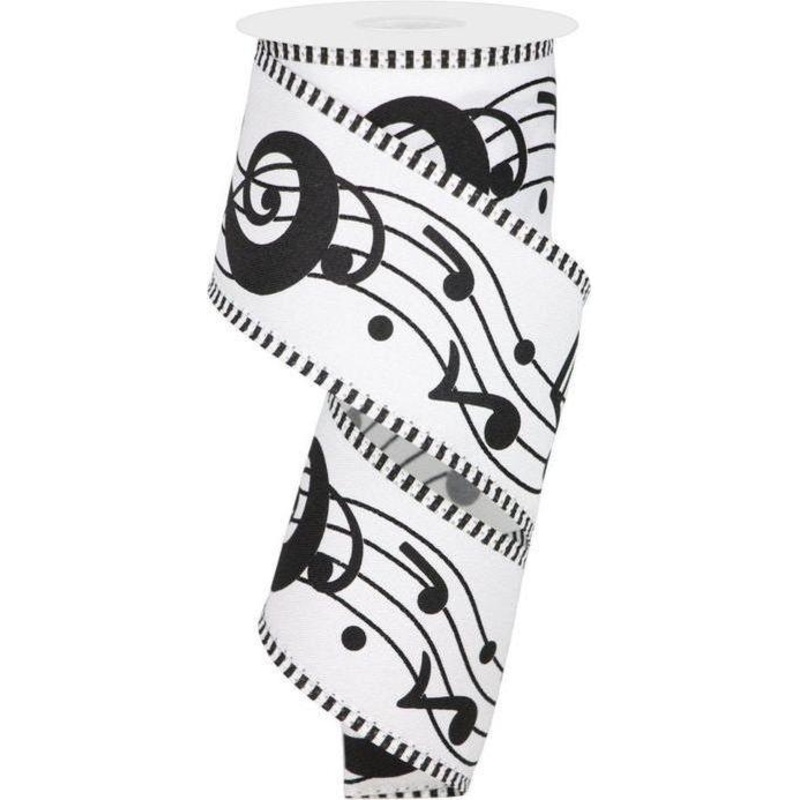 2.5″ Bold Music Notes Ribbon: White (10 Yards)