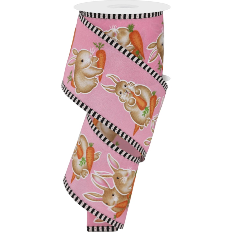 2.5″ Bunnies Carrots Stripe Ribbon: Pink (10 Yards)