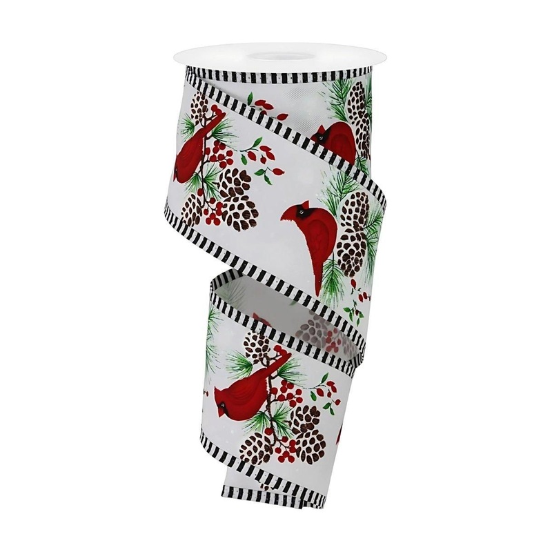 2.5″ Cardinal Branch Stripe Ribbon: White (10 Yards)