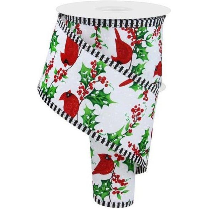 2.5″ Cardinal Holly Berry Stripe Edge Ribbon: White (10 Yards)