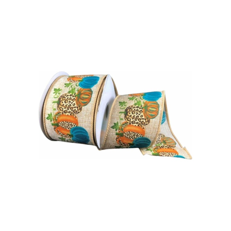 2.5″ Cheetah Pumpkin Natural Ribbon: Teal (10 Yards)