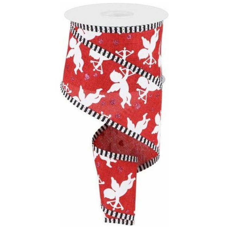 2.5″ Cupid on Royal Stripe Ribbon: Dark Red (10 Yard)