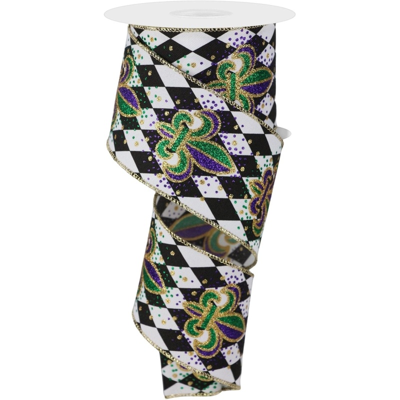 2.5″ Fleur De Lis Harlequin Ribbon: Mardi Gras (10 Yards)