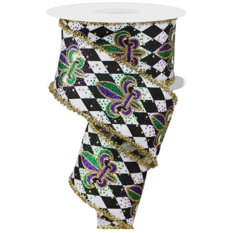 2.5″ Fleur De Lis Harlequin Tinsel Ribbon: Mardi Gras (10 Yards)