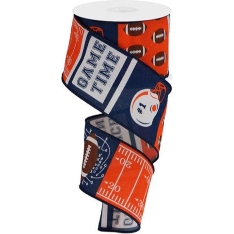 2.5″ Football Block Pattern Ribbon: Navy/Orange (10 Yards)