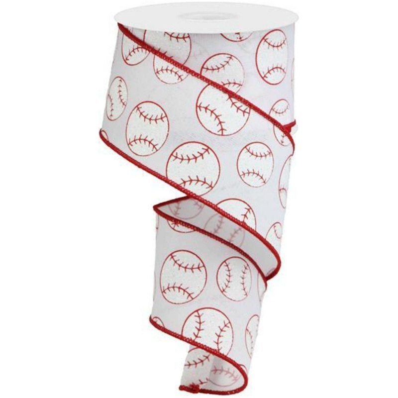 2.5″ Glitter Baseball on Royal Ribbon: White (10 Yards)