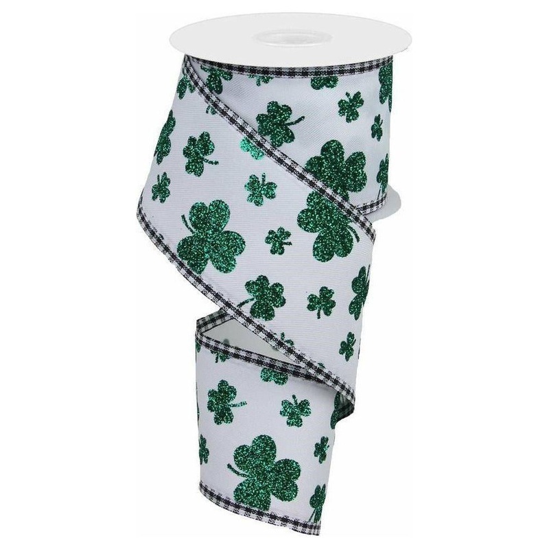 2.5″ Glitter Shamrocks Gingham Ribbon: White (10 Yards)