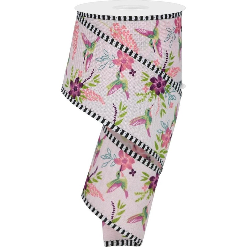2.5″ Hummingbirds Stripe Edge Ribbon: Pink (10 Yards)