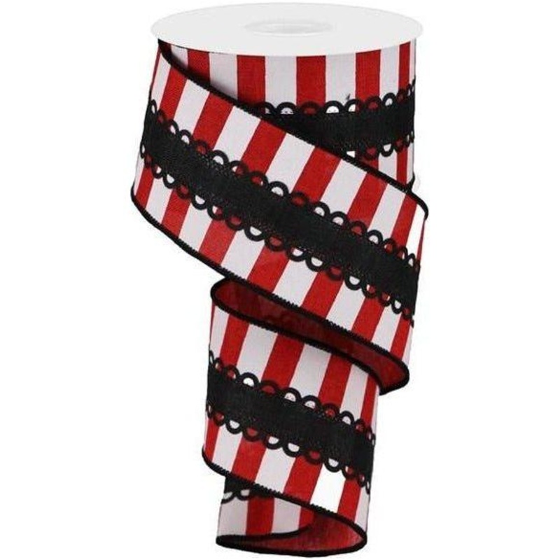 2.5″ Lace On Horizontal Stripe Ribbon: Red/White (10 Yards)
