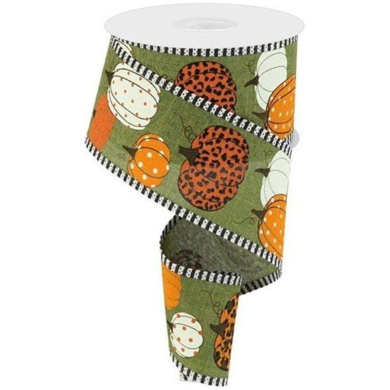 2.5″ Leopard Pumpkins Stripe Edge: Moss Green (10 Yards)